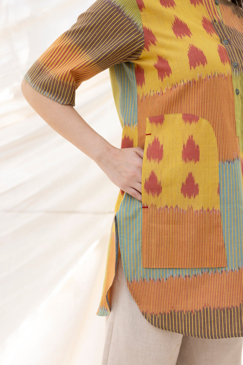SUR BUTTON TUNIC 100% cotton by Translate - Handwoven Ikat in multi color for women Worldwide