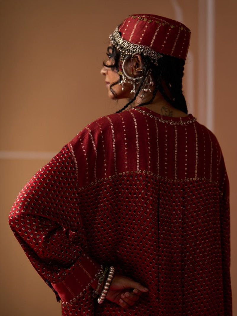 Zeba Shirt chanderi blouse by SWATTI KAPOOR in rust for women Worldwide
