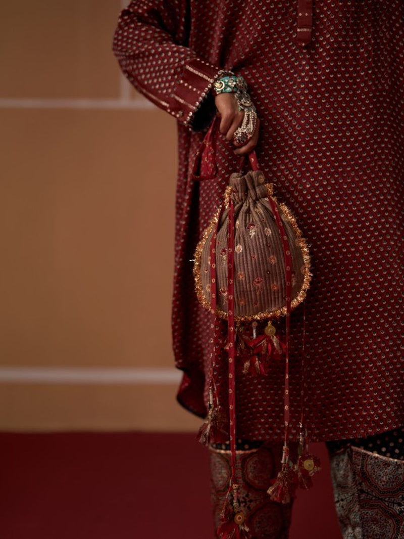 Zeba Shirt chanderi blouse by SWATTI KAPOOR in rust for women Worldwide