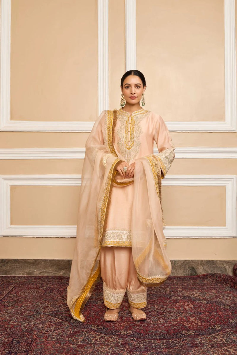 Sabaa Straight kurta with salwar and dupatta-Rosepink silk by SHEETAL BATRA in pink color for women Worldwide