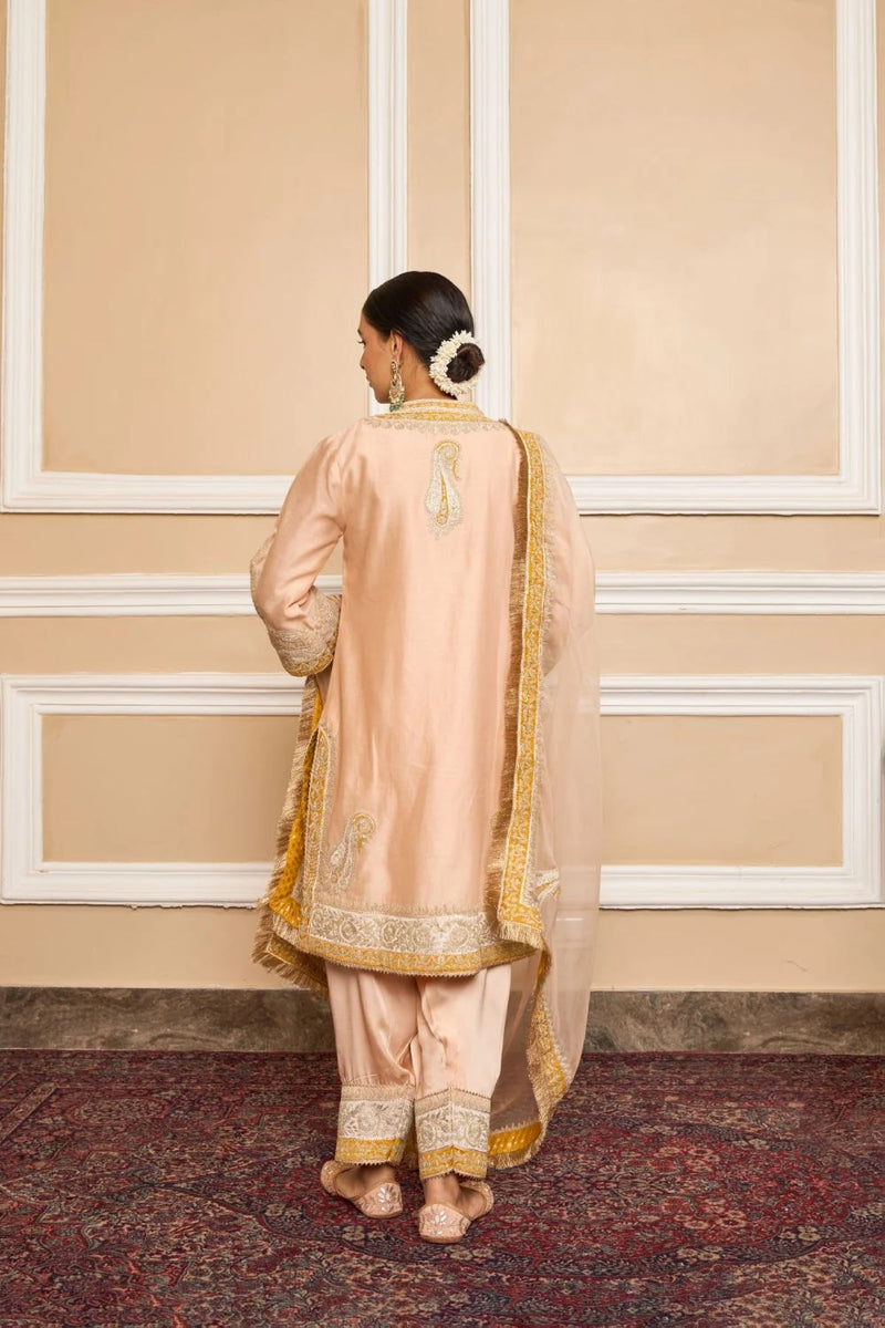 Sabaa Straight kurta with salwar and dupatta-Rosepink silk by SHEETAL BATRA in pink color for women Worldwide