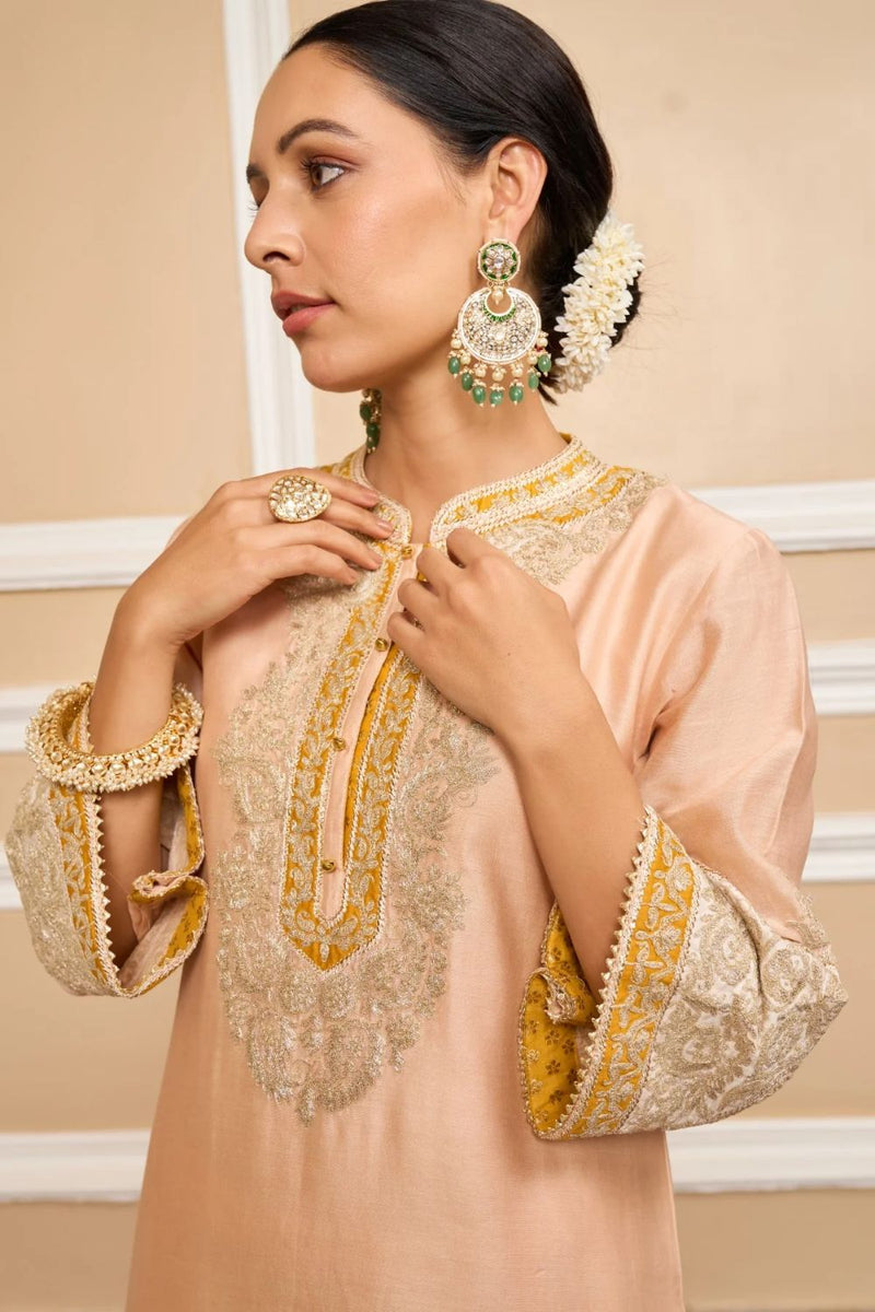 Sabaa Straight kurta with salwar and dupatta-Rosepink silk by SHEETAL BATRA in pink color for women Worldwide