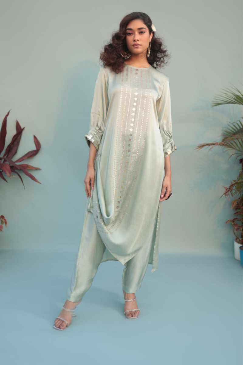 Saba Green Kurta Set with Pant-SKSCLST-2 satin by PRAHNAAYA in green color for women Worldwide