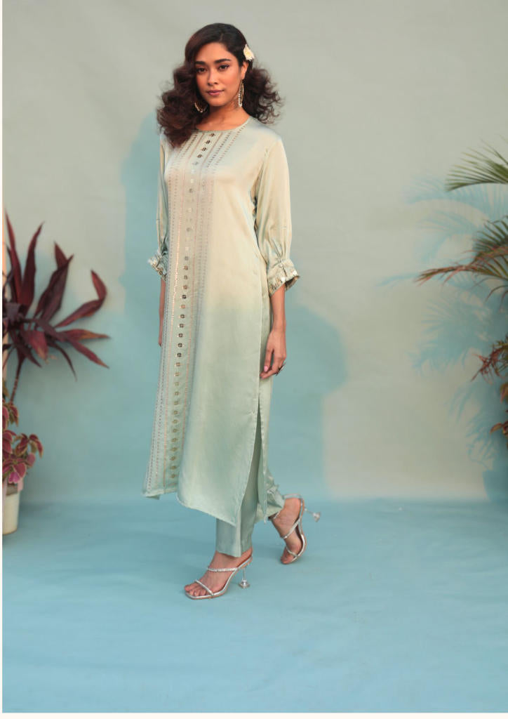 Saba Green Kurta Set with Pant-SKSCLST-2 satin by PRAHNAAYA in green color for women Worldwide