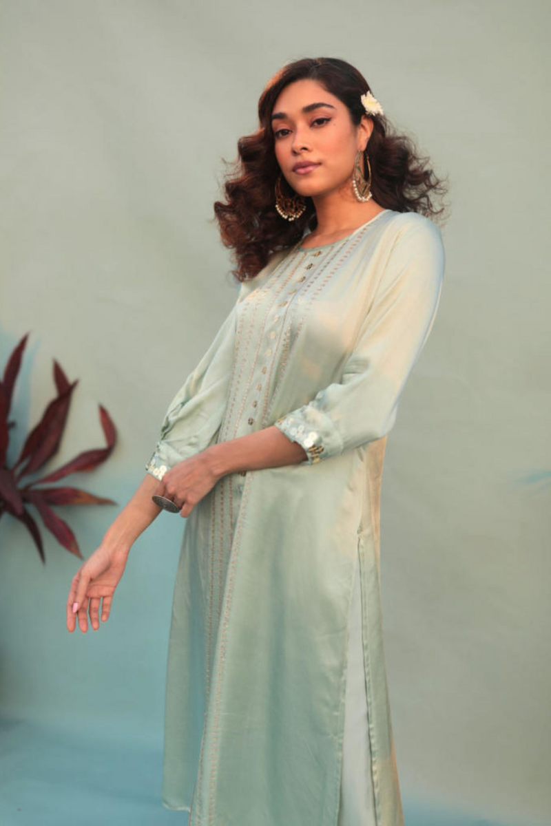 Saba Green Kurta Set with Pant & Dupatta-SKSCLSTSC-2 satin by PRAHNAAYA in green color for women Worldwide