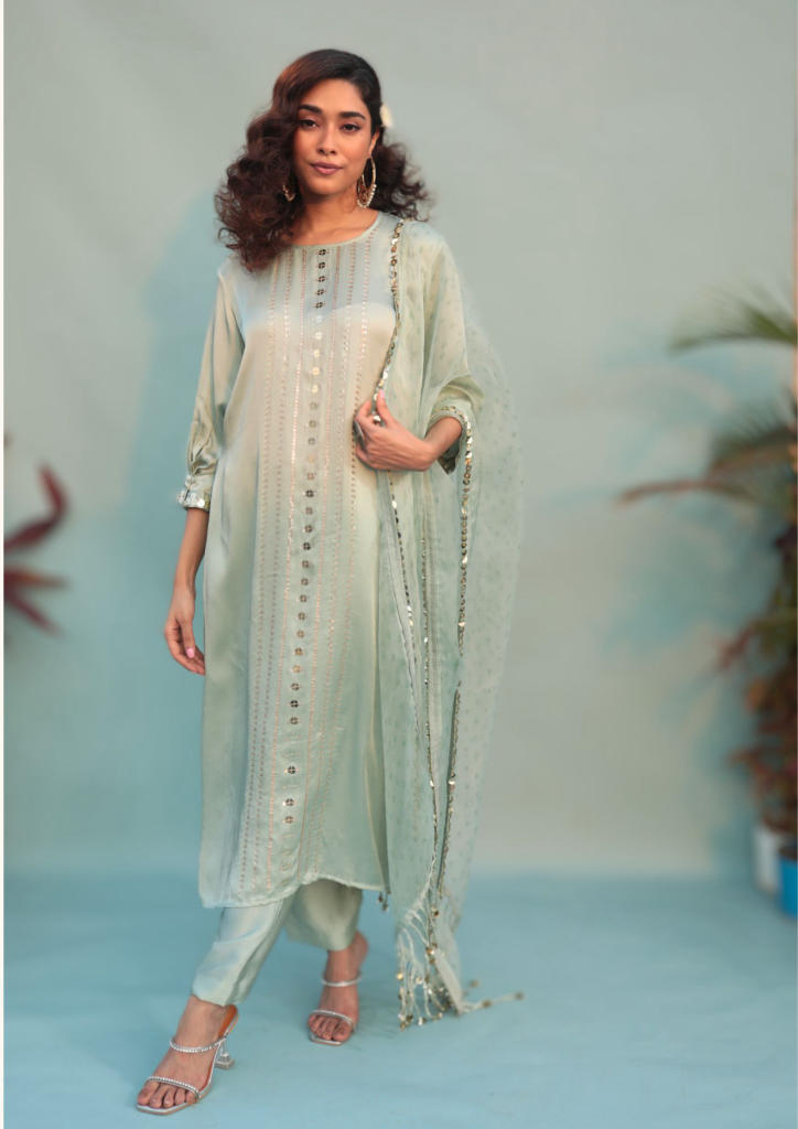 Saba Green Kurta Set with Pant & Dupatta-SKSCLSTSC-2 satin by PRAHNAAYA in green color for women Worldwide