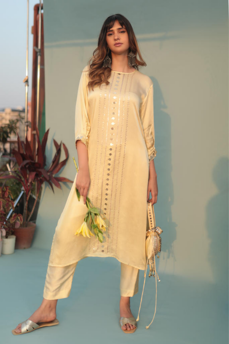 SabaYellow Kurta Set with Pant-SKLCLST-2 satin by PRAHNAAYA in yellow color for women Worldwide