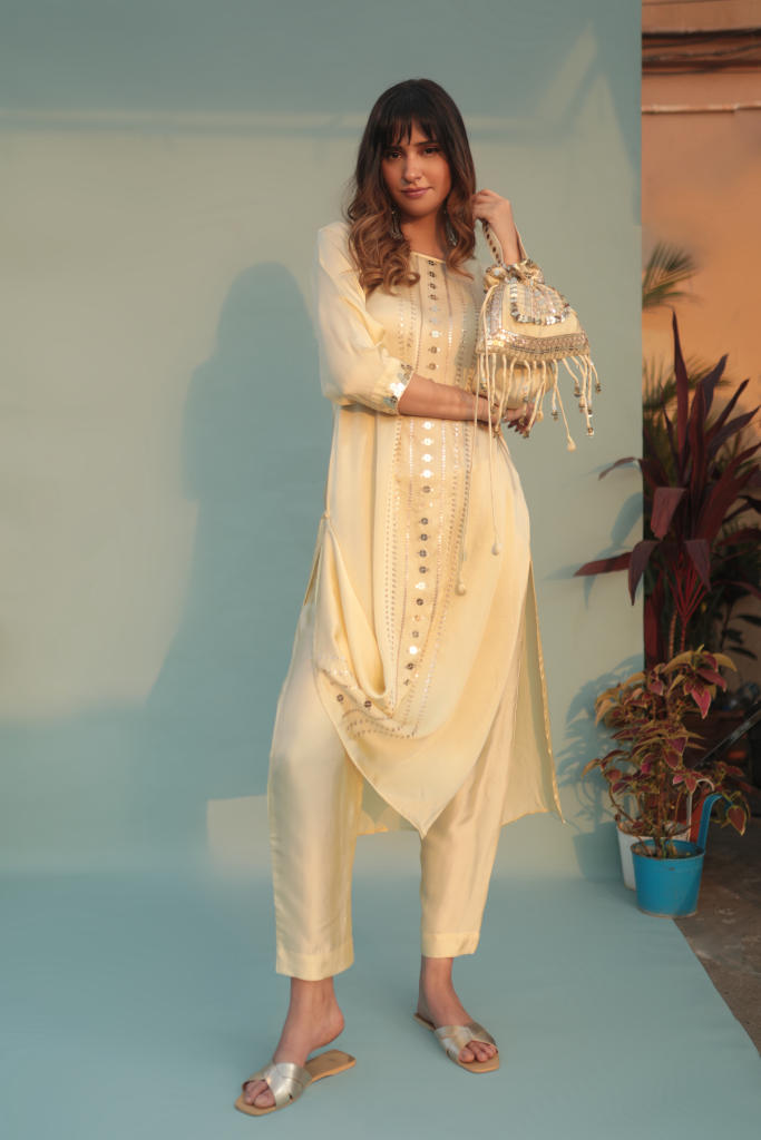 SabaYellow Kurta Set with Pant-SKLCLST-2 satin by PRAHNAAYA in yellow color for women Worldwide