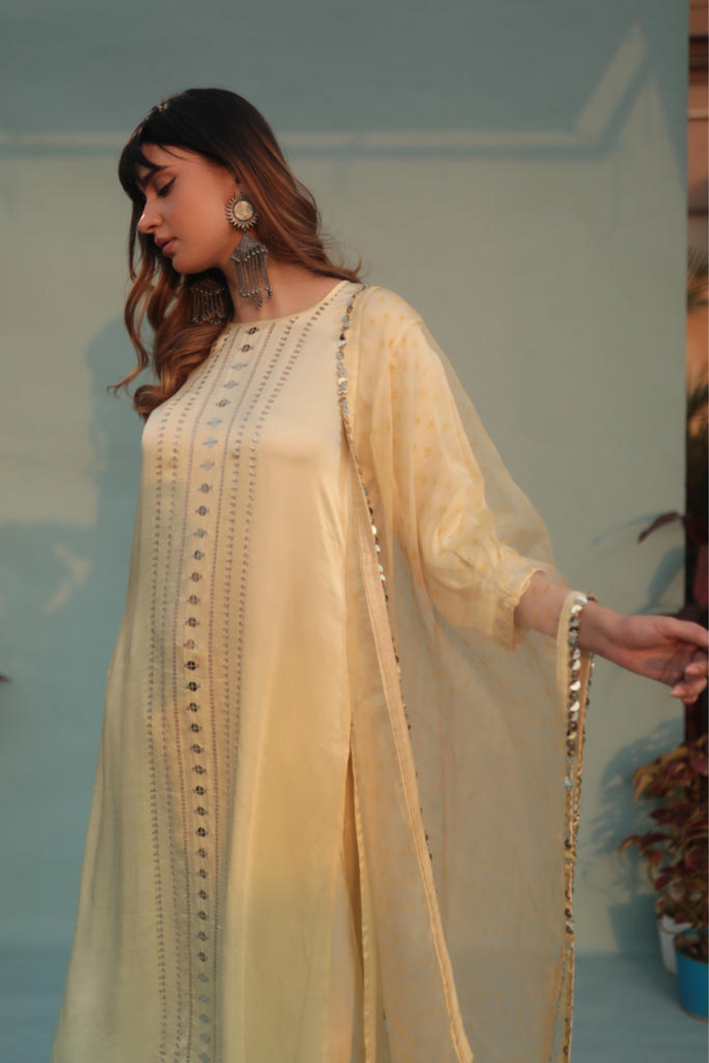 SabaYellow Kurta Set with Pant & Dupatta-SKLCLSTSC-2 satin by PRAHNAAYA in yellow color for women Worldwide