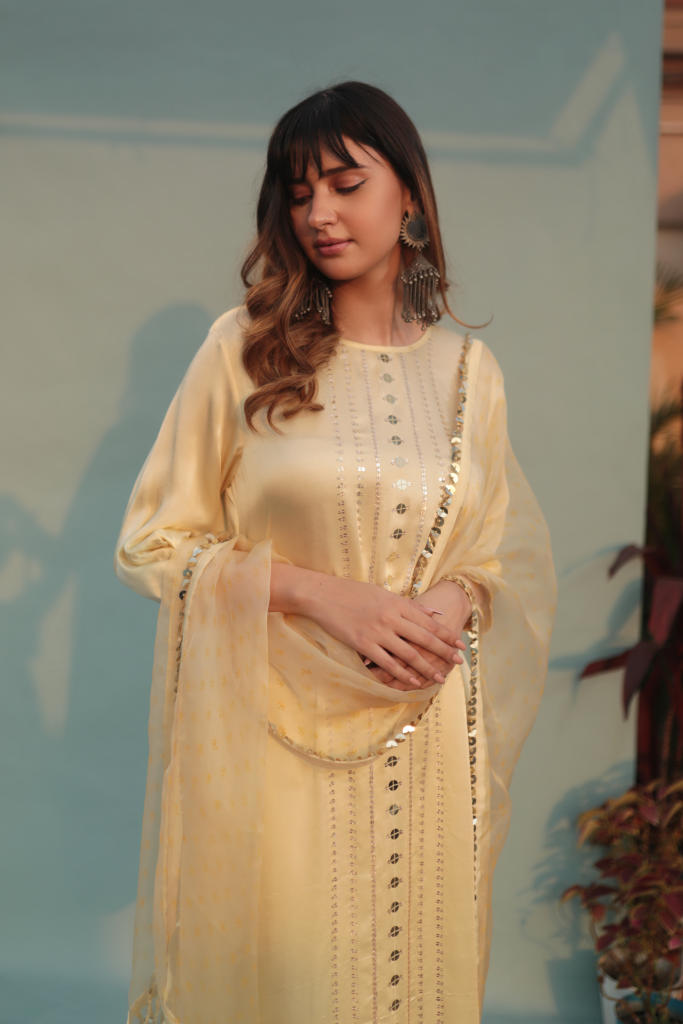 SabaYellow Kurta Set with Pant & Dupatta-SKLCLSTSC-2 satin by PRAHNAAYA in yellow color for women Worldwide