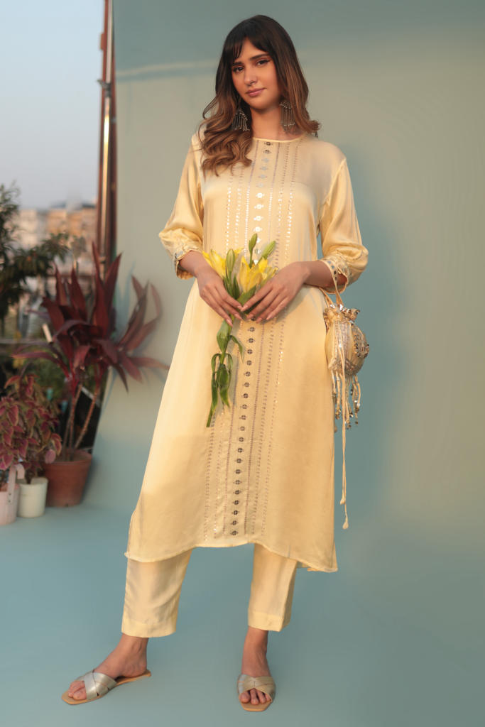 SabaYellow Kurta Set with Pant & Dupatta-SKLCLSTSC-2 satin by PRAHNAAYA in yellow color for women Worldwide