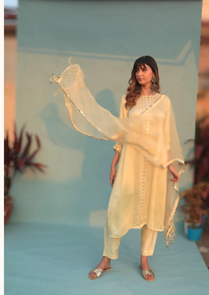SabaYellow Kurta Set with Pant & Dupatta-SKLCLSTSC-2 satin by PRAHNAAYA in yellow color for women Worldwide