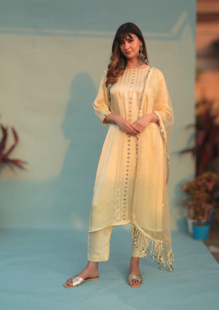 SabaYellow Kurta Set with Pant & Dupatta-SKLCLSTSC-2 satin by PRAHNAAYA in yellow color for women Worldwide