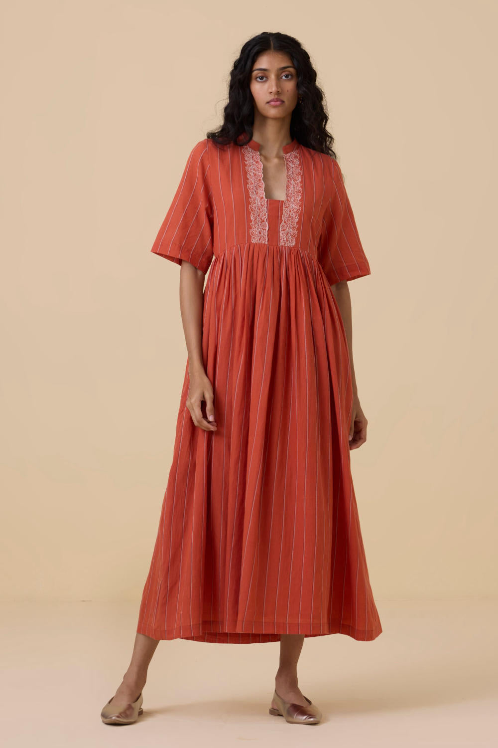 Sabah Orange Cotton Striped Midi Dress