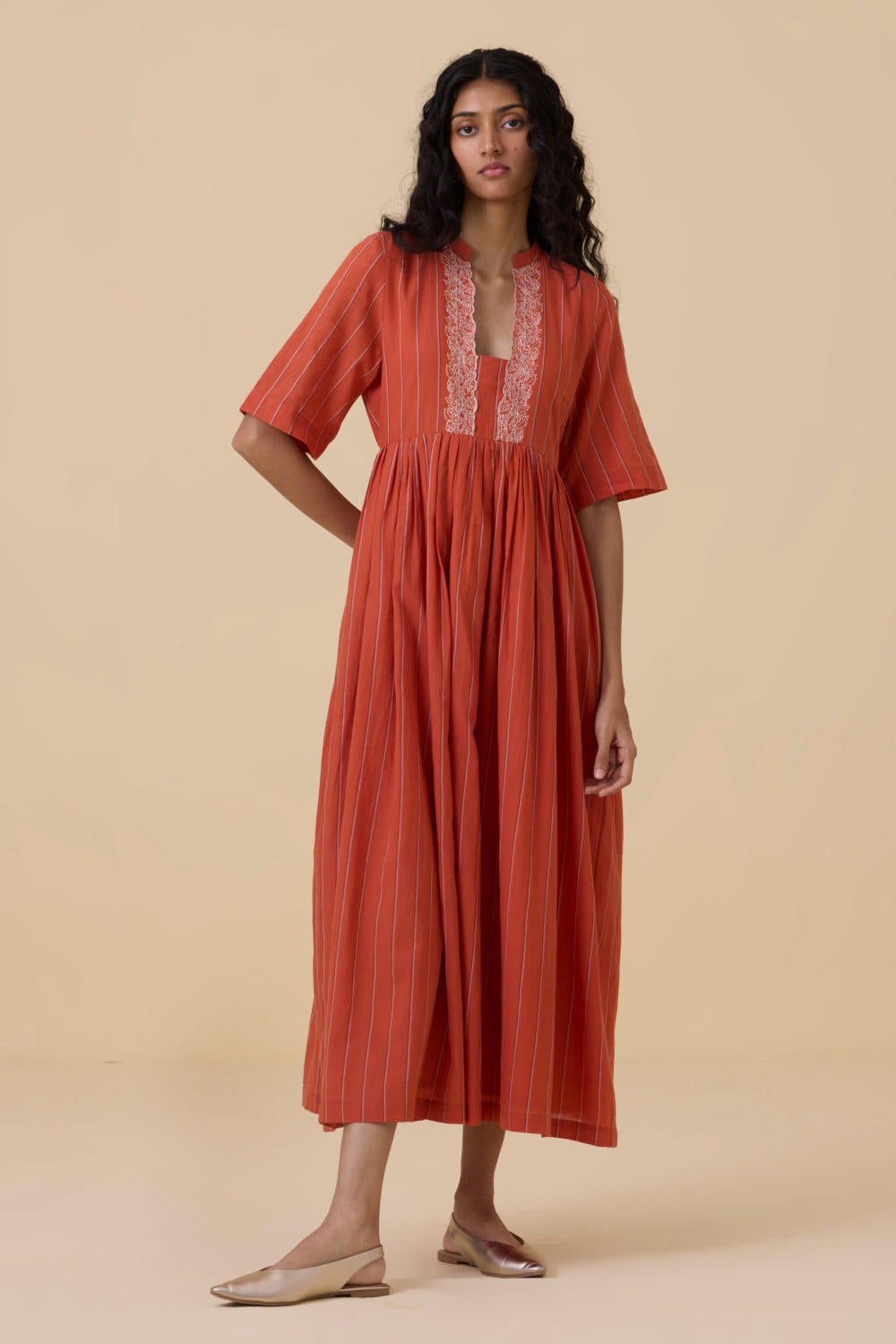 Sabah Orange Cotton Striped Midi Dress