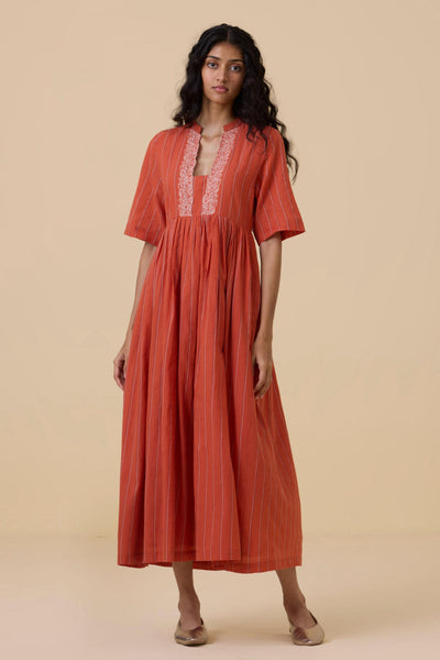 Sabah Orange Cotton Striped Midi Dress