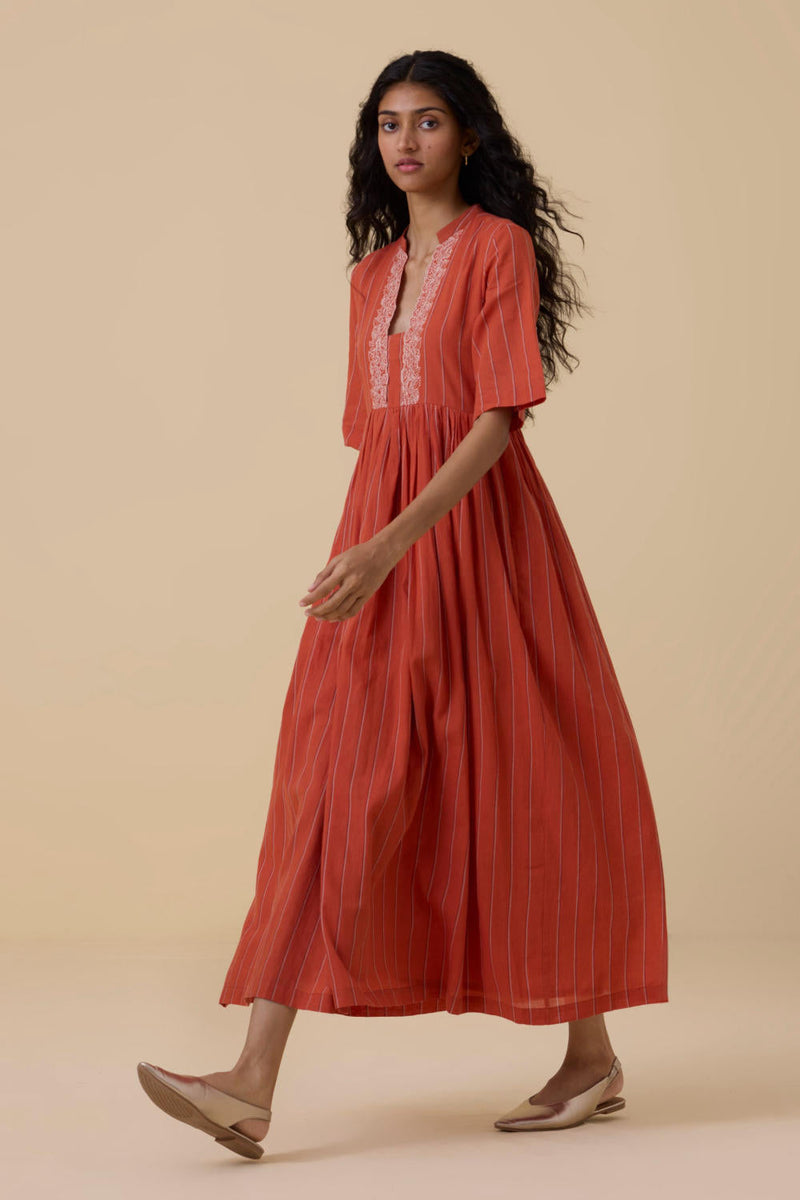Sabah Orange Cotton Striped Midi Dress cotton by The Summer House in orange color for women Worldwide