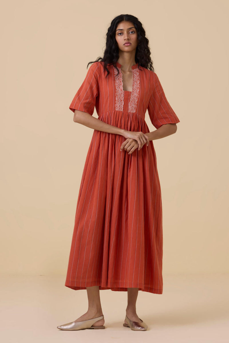 Sabah Orange Cotton Striped Midi Dress cotton by The Summer House in orange color for women Worldwide