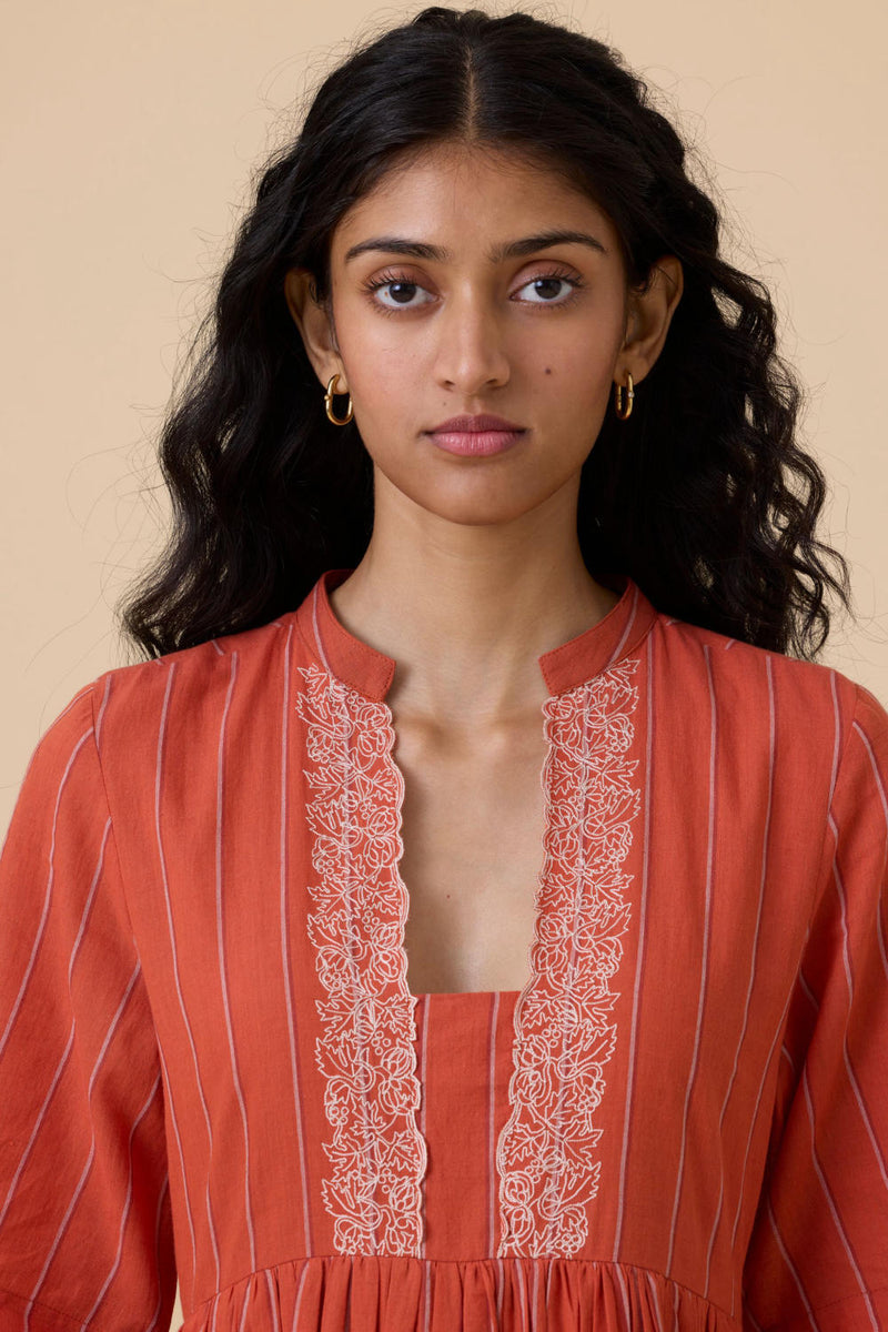 Sabah Orange Cotton Striped Midi Dress cotton by The Summer House in orange color for women Worldwide
