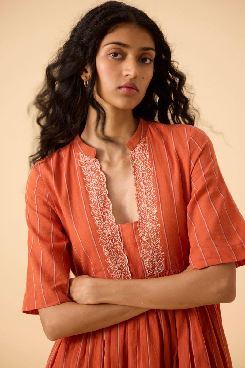 Sabah Orange Cotton Striped Midi Dress cotton by The Summer House in orange color for women Worldwide