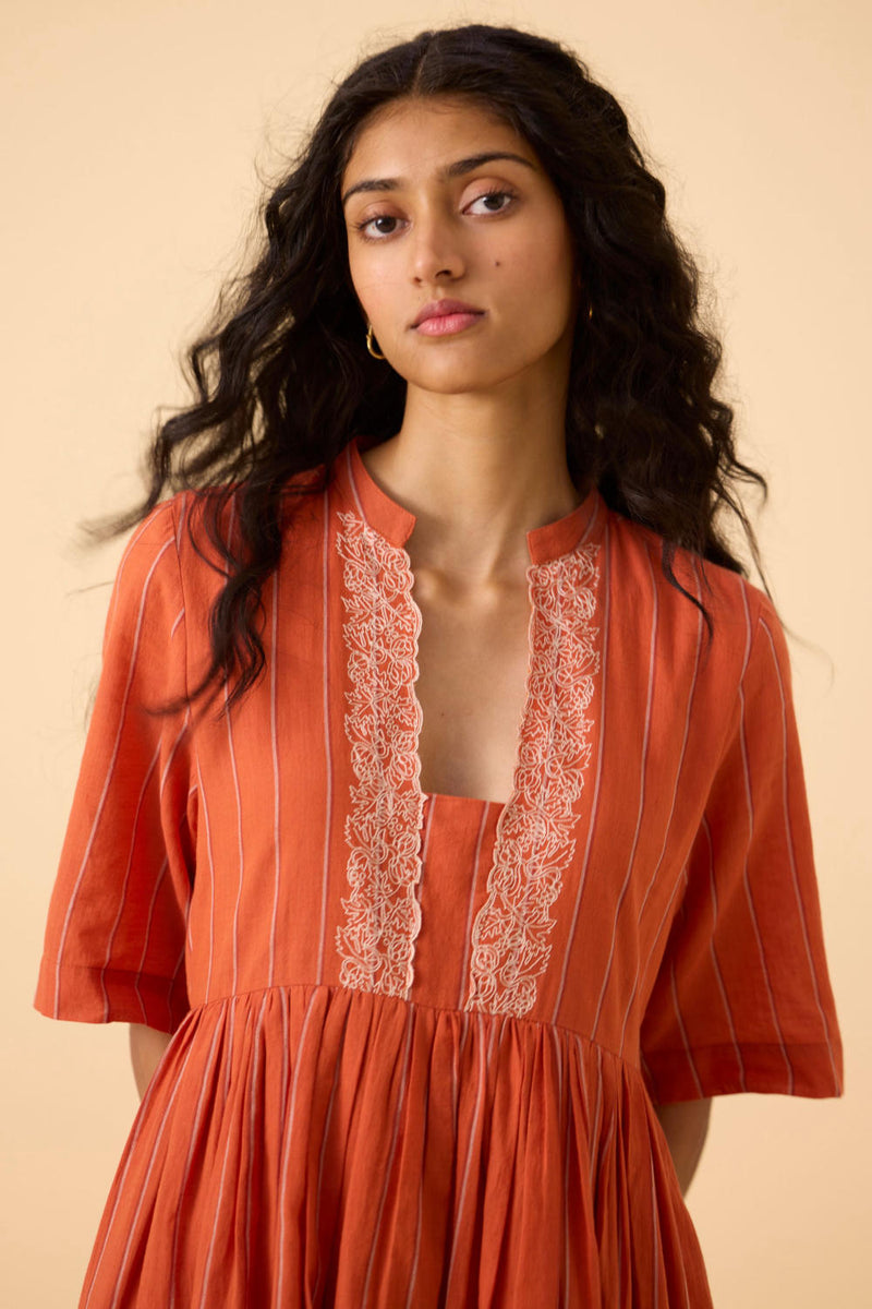 Sabah Orange Cotton Striped Midi Dress cotton by The Summer House in orange color for women Worldwide
