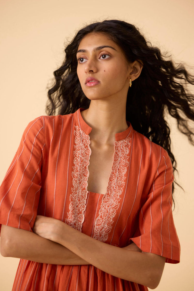 Sabah Orange Cotton Striped Midi Dress cotton by The Summer House in orange color for women Worldwide