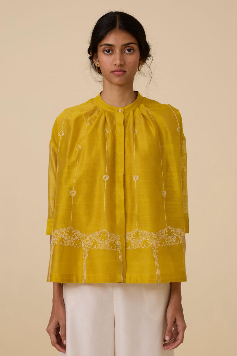 Sabeen Handwoven Embroidered Top chanderi by The Summer House in yellow color for women Worldwide
