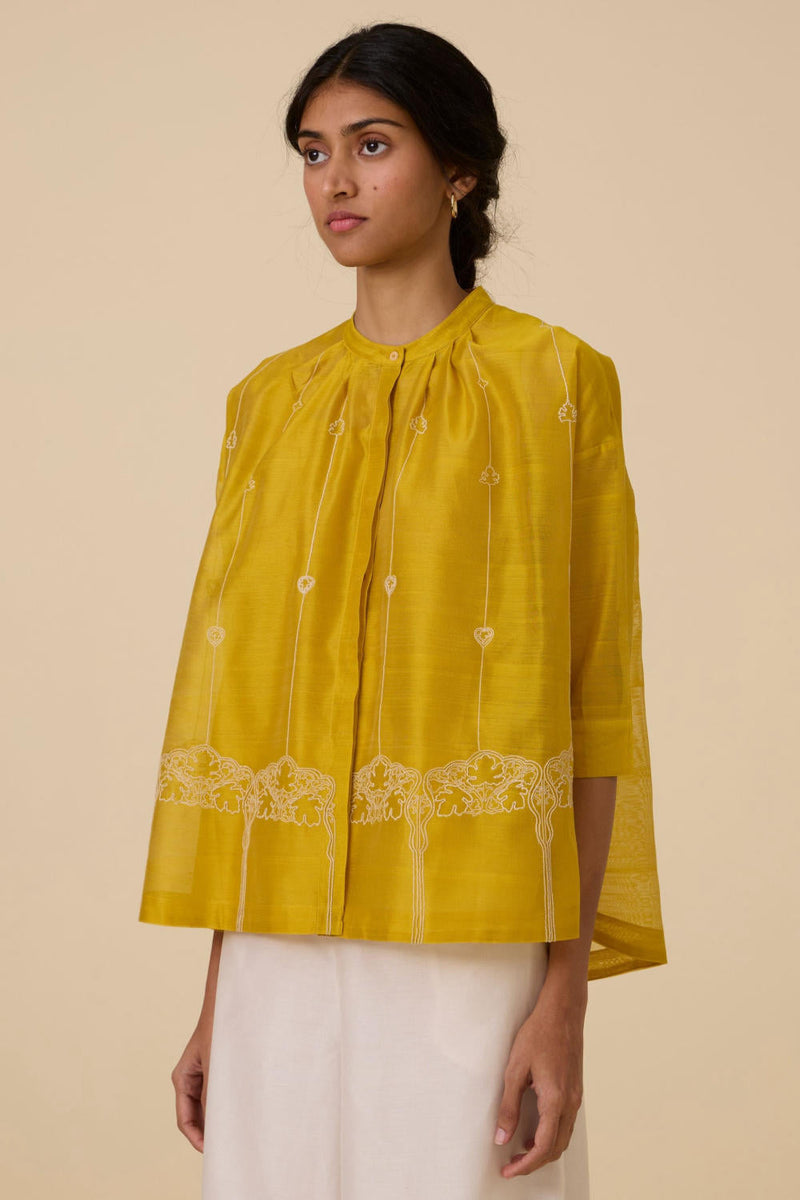 Sabeen Handwoven Embroidered Top chanderi by The Summer House in yellow color for women Worldwide