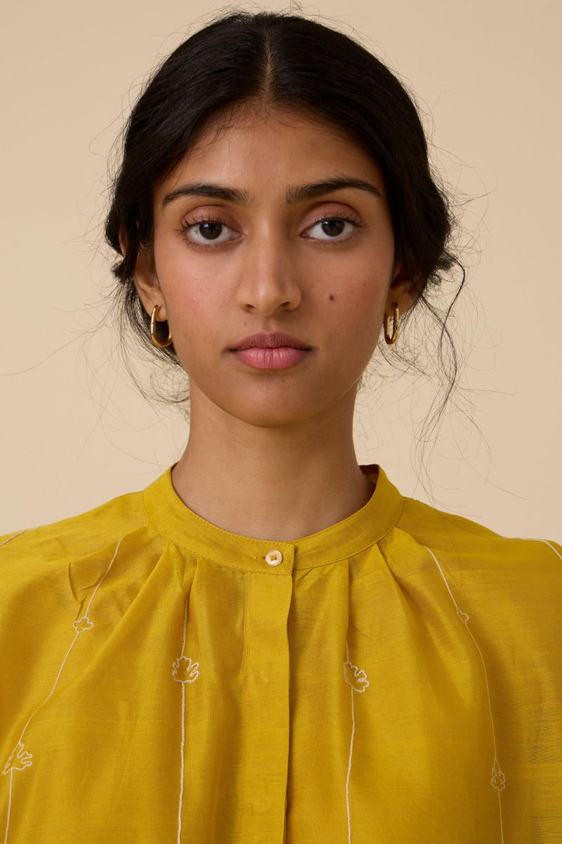 Sabeen Handwoven Embroidered Top chanderi by The Summer House in yellow color for women Worldwide
