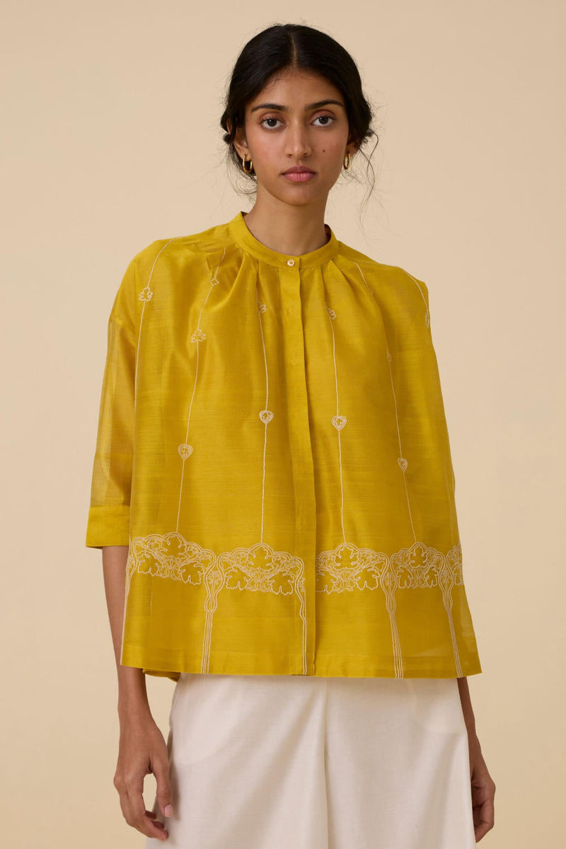Sabeen Handwoven Embroidered Top chanderi by The Summer House in yellow color for women Worldwide