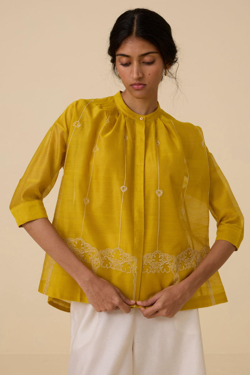 Sabeen Handwoven Embroidered Top chanderi by The Summer House in yellow color for women Worldwide