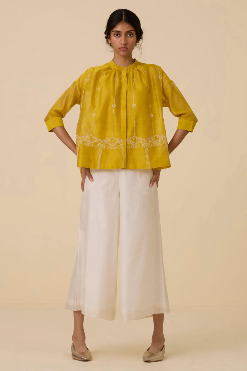 Sabeen Handwoven Embroidered Top chanderi by The Summer House in yellow color for women Worldwide