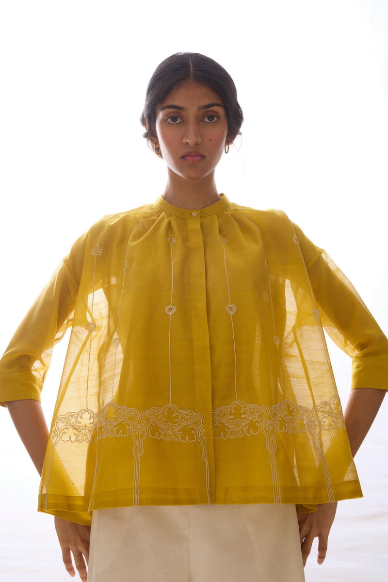 Sabeen Handwoven Embroidered Top chanderi by The Summer House in yellow color for women Worldwide