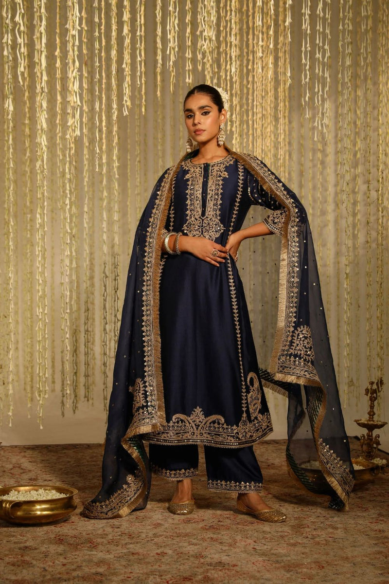 Sabirah A-line long kurta with palazzo and dupatta-Deep Blue silk by SHEETAL BATRA in blue color for women Worldwide