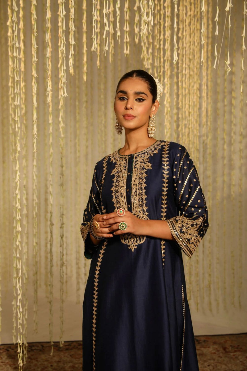 Sabirah A-line long kurta with palazzo and dupatta-Deep Blue silk by SHEETAL BATRA in blue color for women Worldwide