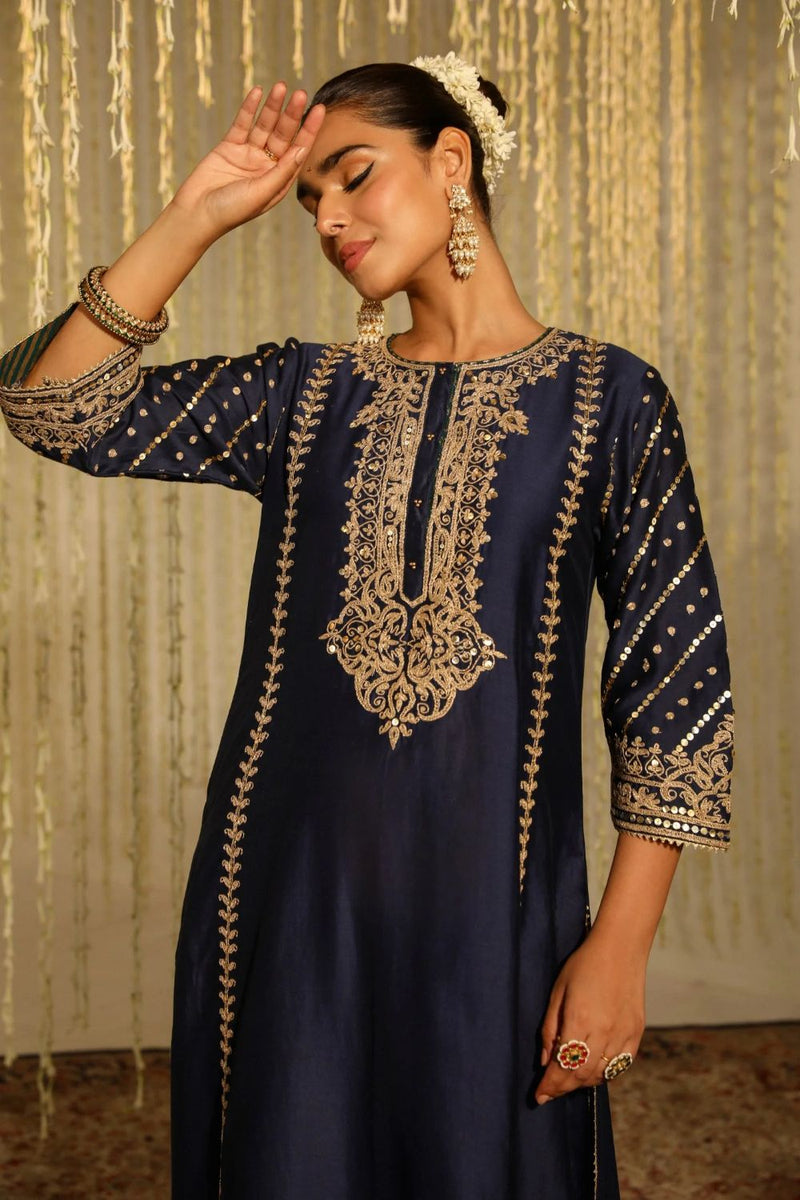 Sabirah A-line long kurta with palazzo and dupatta-Deep Blue silk by SHEETAL BATRA in blue color for women Worldwide