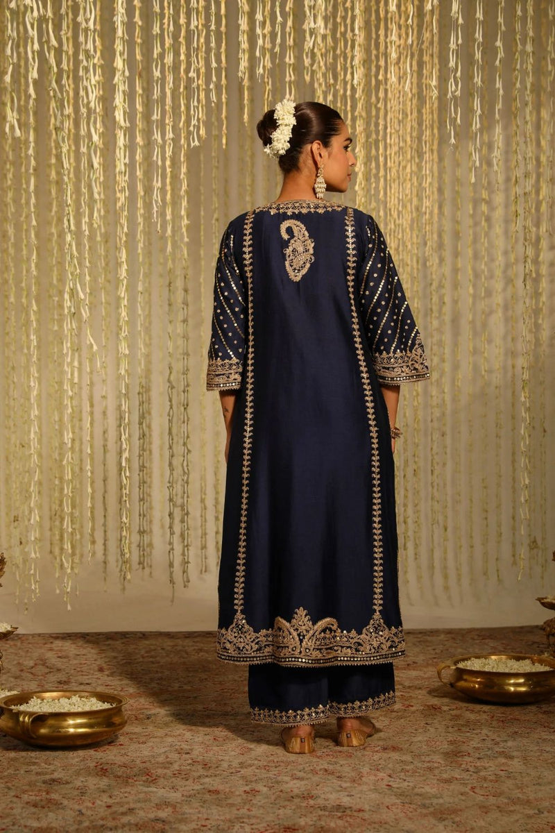 Sabirah A-line long kurta with palazzo and dupatta-Deep Blue silk by SHEETAL BATRA in blue color for women Worldwide