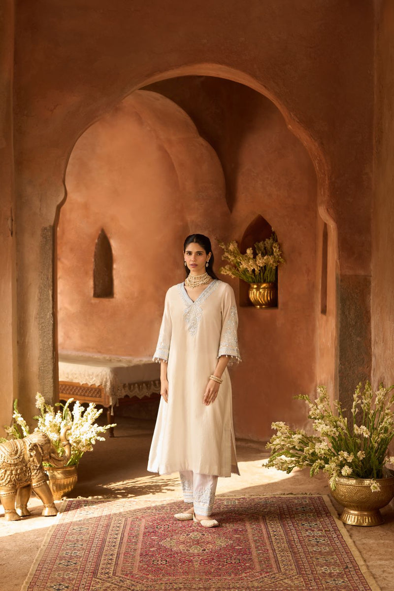 SAHABAT - DAISY IVORY WITH BLUE KAAFTAN WITH SALWAR silk chanderi kurta/kurta set by SHEETAL BATRA in daisy ivory with blue for women Worldwide