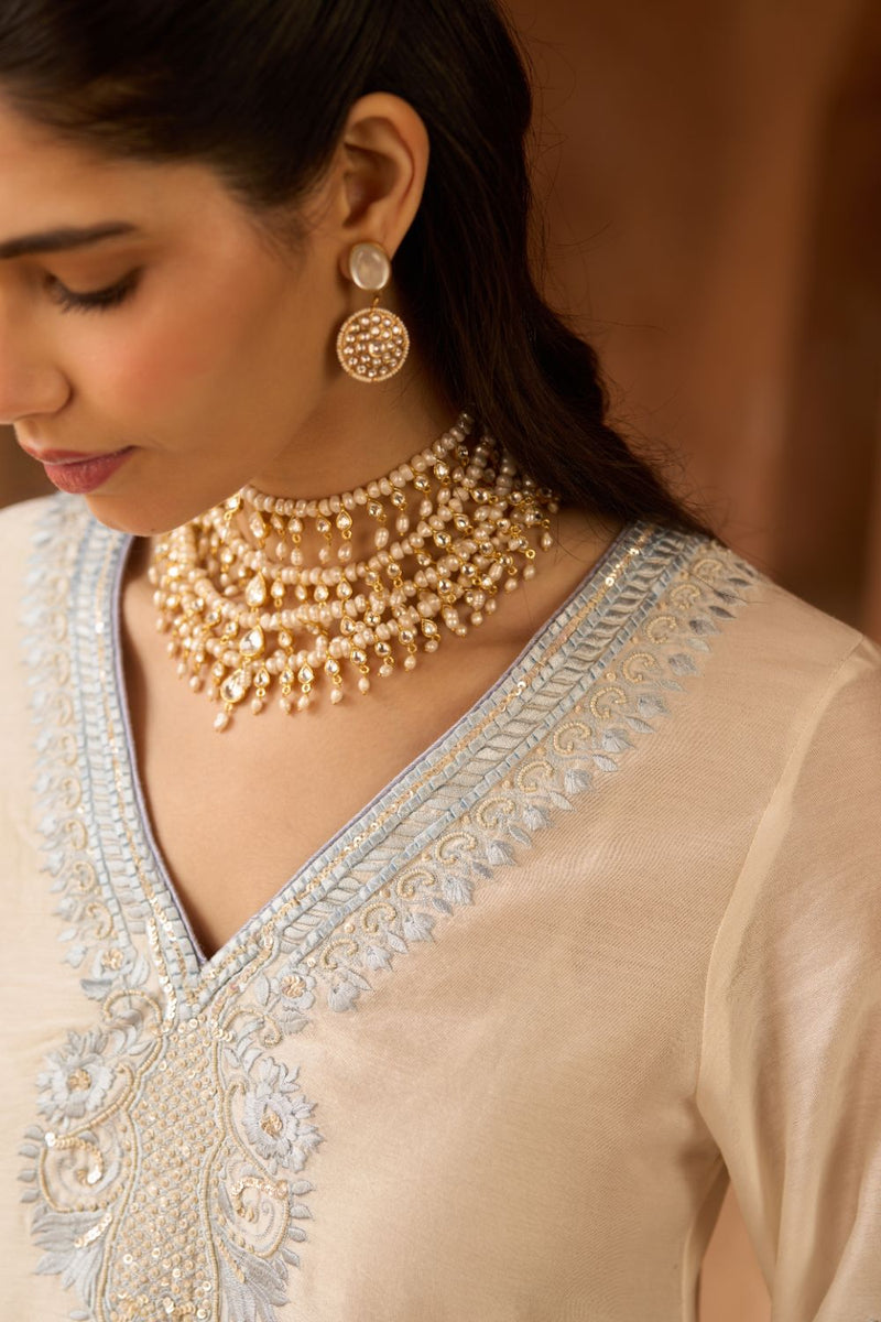 SAHABAT - DAISY IVORY WITH BLUE KAAFTAN WITH SALWAR silk chanderi kurta/kurta set by SHEETAL BATRA in daisy ivory with blue for women Worldwide