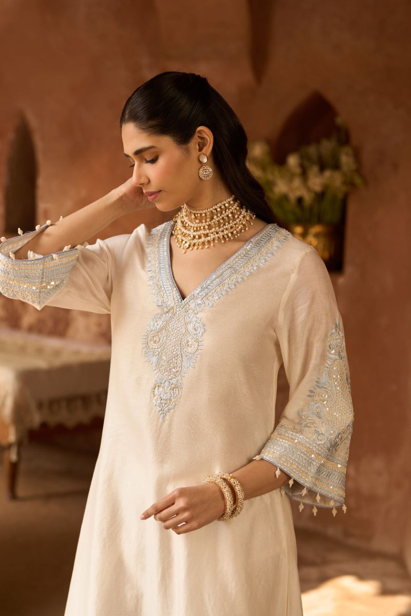 SAHABAT - DAISY IVORY WITH BLUE KAAFTAN WITH SALWAR silk chanderi kurta/kurta set by SHEETAL BATRA in daisy ivory with blue for women Worldwide