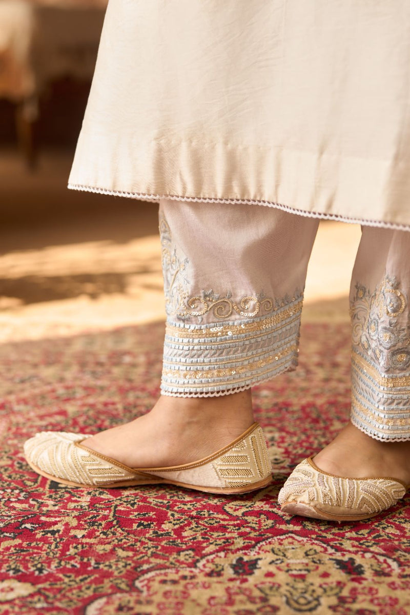 SAHABAT - DAISY IVORY WITH BLUE KAAFTAN WITH SALWAR silk chanderi kurta/kurta set by SHEETAL BATRA in daisy ivory with blue for women Worldwide