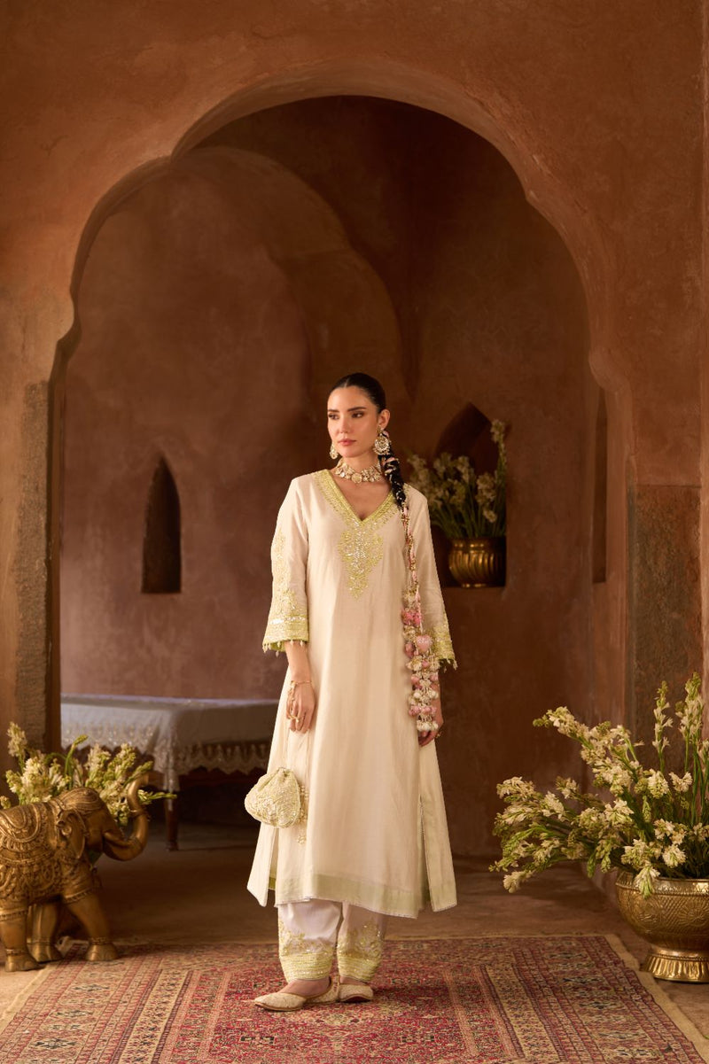 SAHABAT - DAISY IVORY WITH MINT GREEN KAAFTAN WITH SALWAR silk chanderi kurta/kurta set by SHEETAL BATRA in daisy ivory with green for women Worldwide