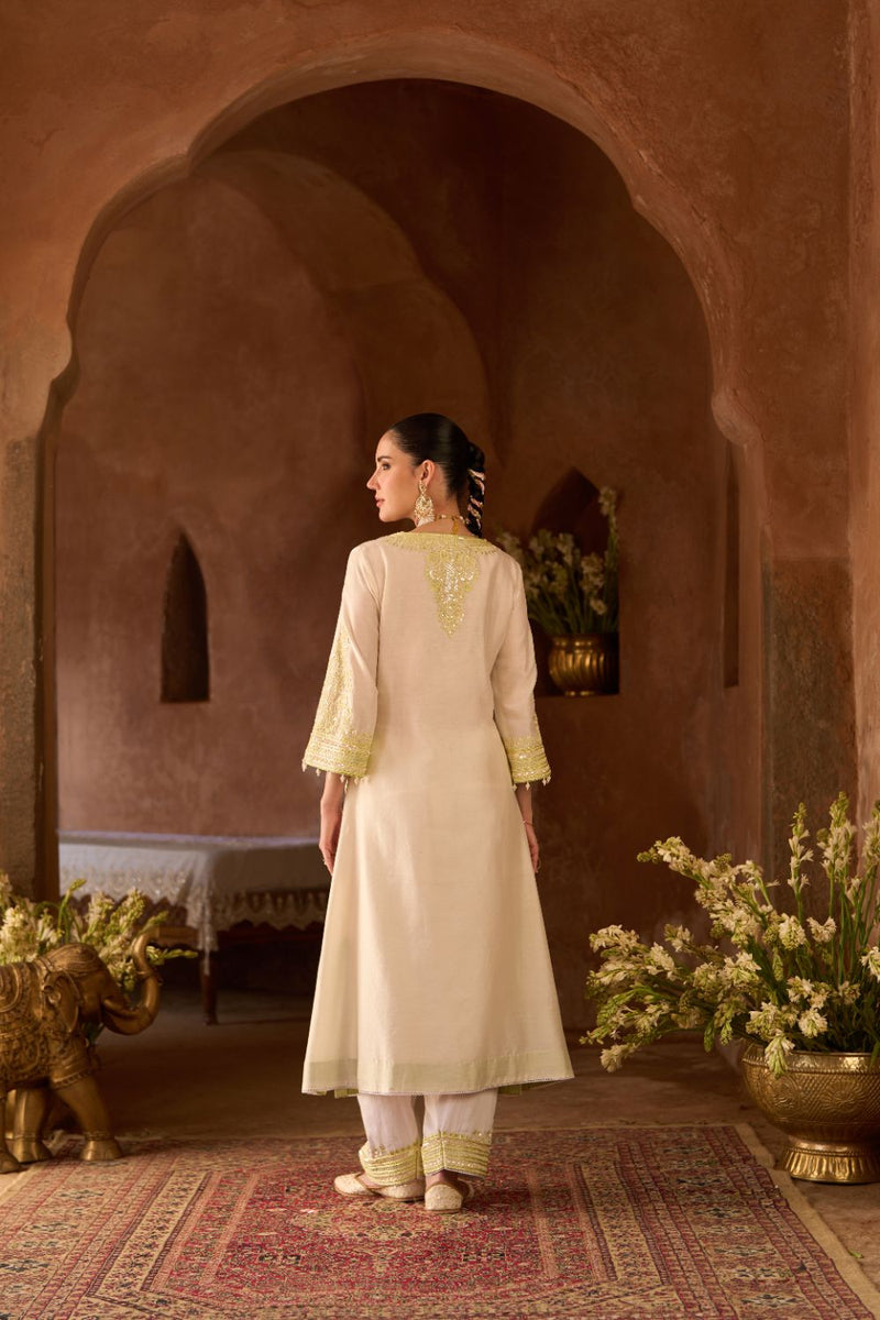 SAHABAT - DAISY IVORY WITH MINT GREEN KAAFTAN WITH SALWAR silk chanderi kurta/kurta set by SHEETAL BATRA in daisy ivory with green for women Worldwide