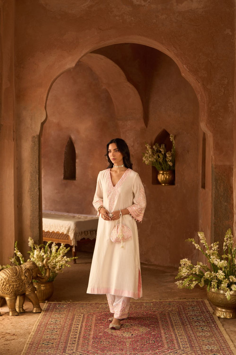 SAHABAT - DAISY IVORY WITH PINK KAAFTAN WITH SALWAR silk chanderi kurta/kurta set by SHEETAL BATRA in daisy ivory with pink for women Worldwide