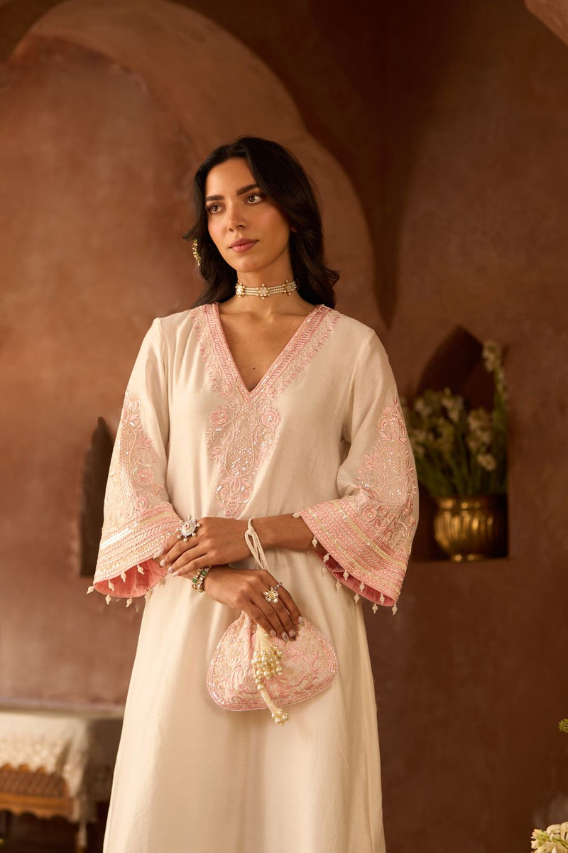 SAHABAT - DAISY IVORY WITH PINK KAAFTAN WITH SALWAR silk chanderi kurta/kurta set by SHEETAL BATRA in daisy ivory with pink for women Worldwide