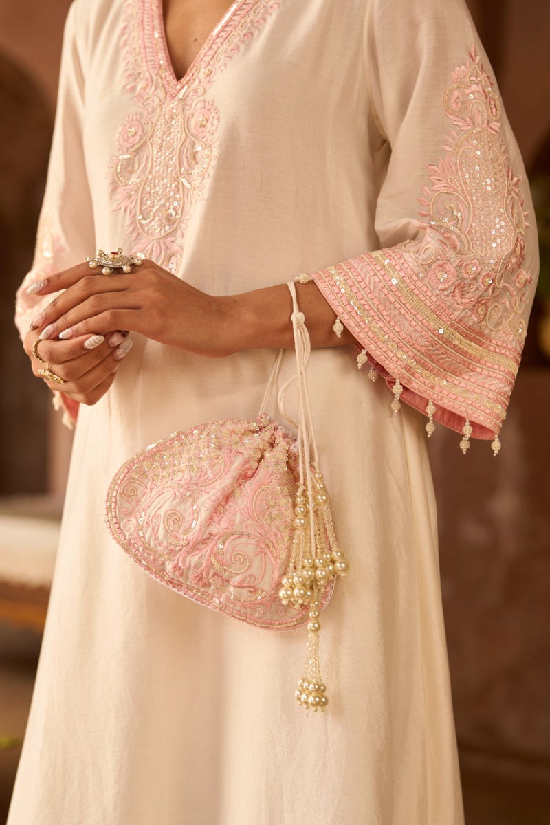 SAHABAT - DAISY IVORY WITH PINK KAAFTAN WITH SALWAR silk chanderi kurta/kurta set by SHEETAL BATRA in daisy ivory with pink for women Worldwide