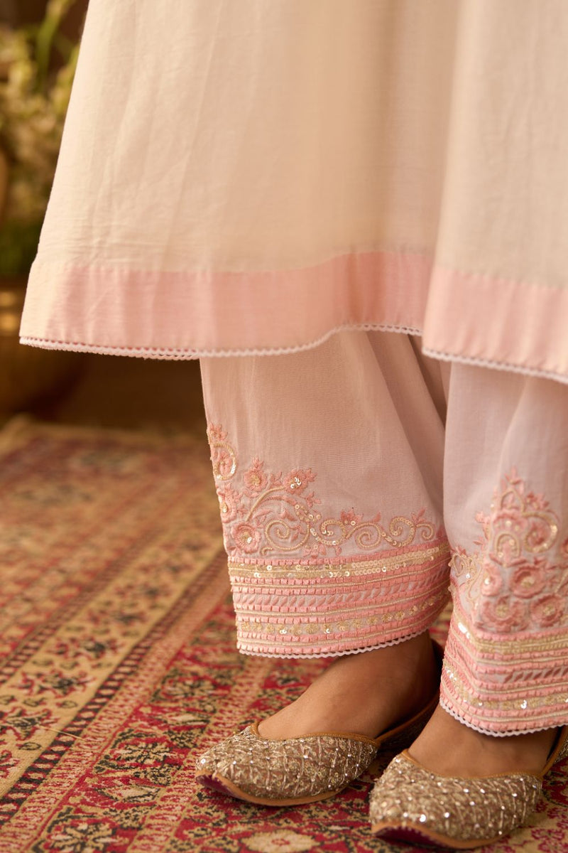 SAHABAT - DAISY IVORY WITH PINK KAAFTAN WITH SALWAR silk chanderi kurta/kurta set by SHEETAL BATRA in daisy ivory with pink for women Worldwide