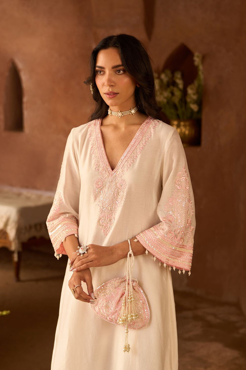 SAHABAT - DAISY IVORY WITH PINK KAAFTAN WITH SALWAR silk chanderi kurta/kurta set by SHEETAL BATRA in daisy ivory with pink for women Worldwide