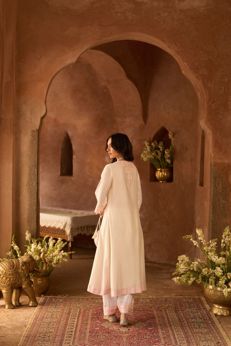 SAHABAT - DAISY IVORY WITH PINK KAAFTAN WITH SALWAR silk chanderi kurta/kurta set by SHEETAL BATRA in daisy ivory with pink for women Worldwide