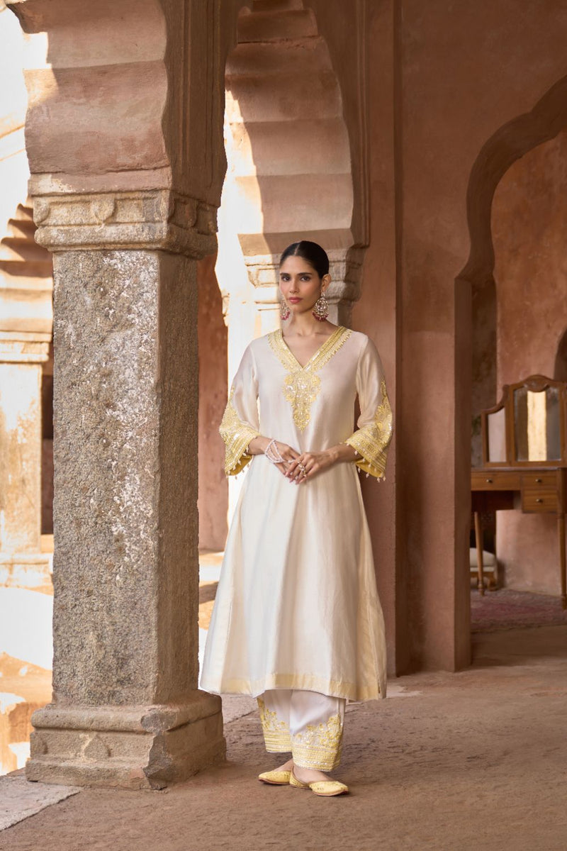 SAHABAT - DAISY IVORY WITH LEMON YELLOW KAAFTAN WITH SALWAR silk chanderi kurta/kurta set by SHEETAL BATRA in daisy ivory with lemon yellow for women Worldwide